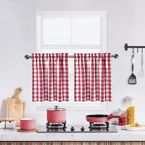 Vista 30 de Cortinas de Cocina Estilo Granja de Cuadros Vichy Blanco y Negro de 24 Pulgadas de Largo, Cortinas de Café de Media Ventana de Cuadros Buffalo