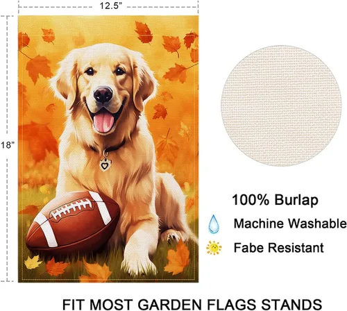 Vista 6 de Balgardekor Bandera de jardín de otoño de fútbol Golden Retriever para exteriores, bandera de arpillera de bienvenida para exteriores, decoración