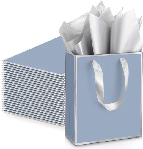 Vista 9 de Yeaqee Paquete de 24 bolsas de regalo de papel metálico con asa y tejido de 9 x 7 x 3.1 pulgadas, papel de aluminio dorado, bolsas de agradecimiento