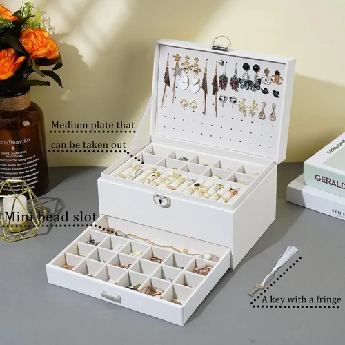 Vista 5 de BOOVO Joyero de gran capacidad para mujeres y niñas, organizador de pernos de 5 capas, caja organizadora de joyas con cerradura para aretes