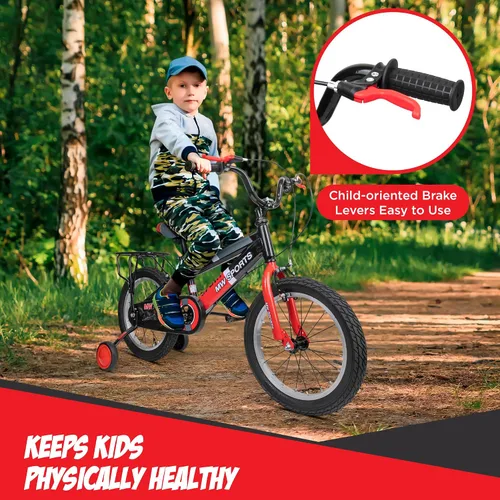 Vista 6 de Slippery Racer MW Sports - Bicicleta infantil de 16 pulgadas con ruedas de entrenamiento extraíbles, frenos de mano y estante de relé trasero