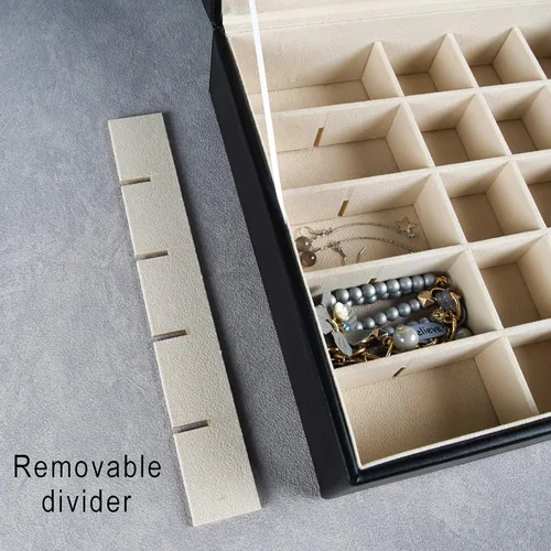 Vista 7 de Frebeauty Paquete de joyero grande de poliuretano una caja de joyería multifuncional (negro) y una caja organizadora de aretes de 50 ranuras (negro)