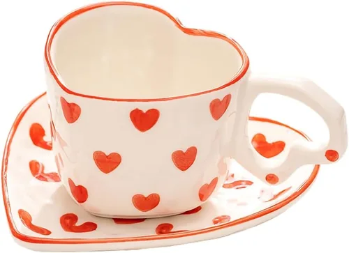 Vista 7 de WAIT FLY Juego de tazas de café de cerámica en forma de corazón con platillo, taza de té, taza de desayuno, plato de postre, rosa, 8 onzas