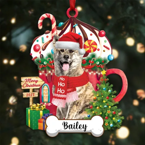 Vista 17 de Akita1 - Adorno personalizado para perro, adorno de perro con nombre personalizado, plano impreso en 2D, acrílico colgante, Papá Noel y perro