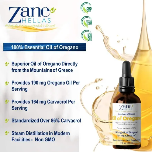 Vista 6 de Zane Hellas 190 mg de aceite de orégano-164 mg de carvacrol por porción-4 gotas diarias. Aceite de orégano 100% griego sin diluir. 86%-90% Carvacrol