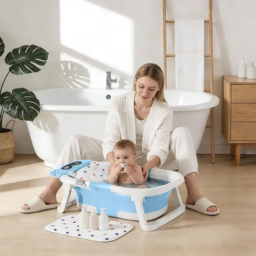 Vista 6 de Bañera para bebé, bañera plegable para recién nacidos a niños pequeños (0-18 meses), bañera plegable para viajar con termómetro, cojín suave, azul