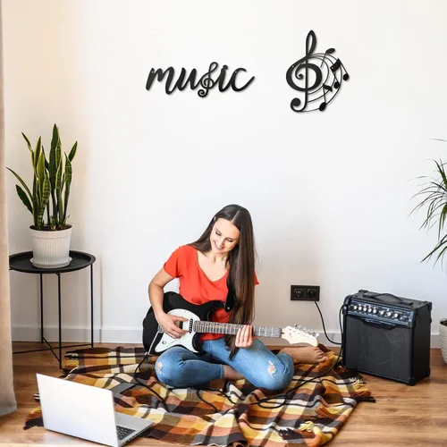 Vista 3 de Zhengmy 2 piezas de notas musicales decoración de pared de metal negro agudos claves musicales notas musicales arte de pared colgante musical