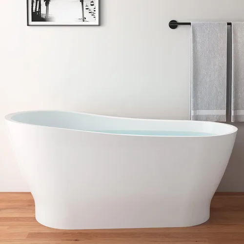 Vista 13 de Bañera independiente de acrílico Lucite de 59", forma columnar, tina de remojo contemporánea con desagüe central cromado con grifo de pie