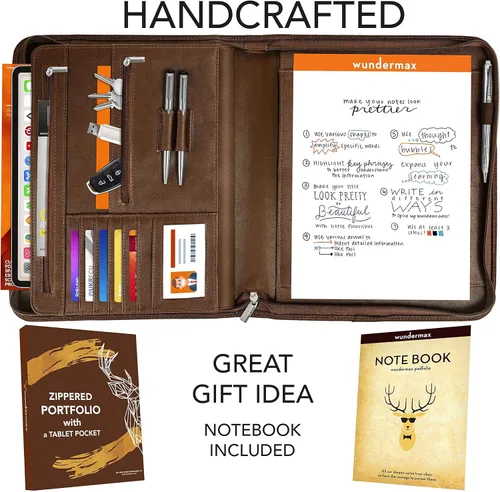 Vista 2 de Wundermax Cartera de piel sintética vegana con cremallera, organizador de cuaderno de negocios para currículum - Padfolio para hombres y mujeres