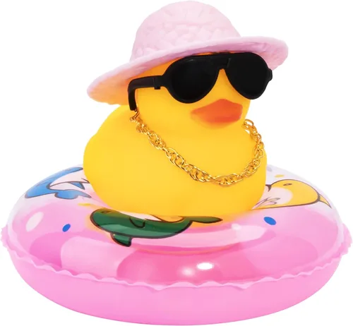 Vista 35 de wonuu Pato de goma para automóvil, decoración de pato amarillo con sombrero para el sol, anillo de natación, collar, gafas de sol para decoración