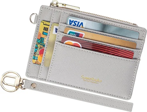 Vista 7 de Cartera delgada para mujer con bloqueo RFID para tarjetas de crédito, porta tarjetas tipo pulsera con cremallera para identificación, cartera