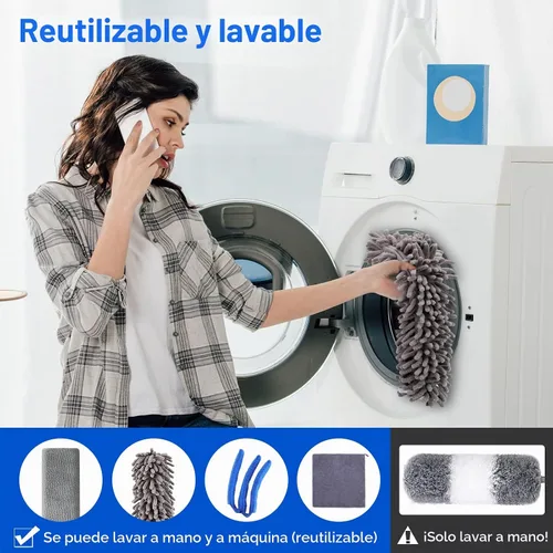 Vista 8 de Kit de plumero de microfibra (11 piezas) – Plumeros lavables con poste de extensión (30 a 100 pulgadas) para limpiar techos, ventiladores, muebles