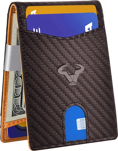 Vista 2 de Cartera Bulliant fina para hombre, cartera de piel para hombre con bolsillo delantero para tarjetas, 7 x 10 x 27cm (3" x 4.3"), 11 tarjetas+clip