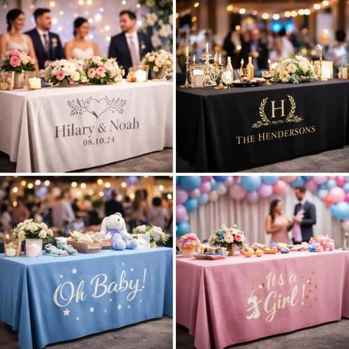 Vista 6 de Mantel personalizado para eventos, se envía al día siguiente, fabricado en Estados Unidos, cumpleaños, aniversario de boda o eventos de ferias, tela