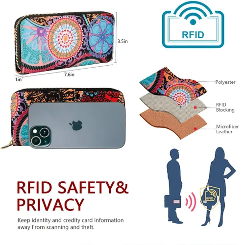 Vista 7 de Cartera de mano para mujer, estilo bohemio, con RFID, elegante, espaciosa con correa para viajes, capacidad para tarjetas, teléfono, dinero