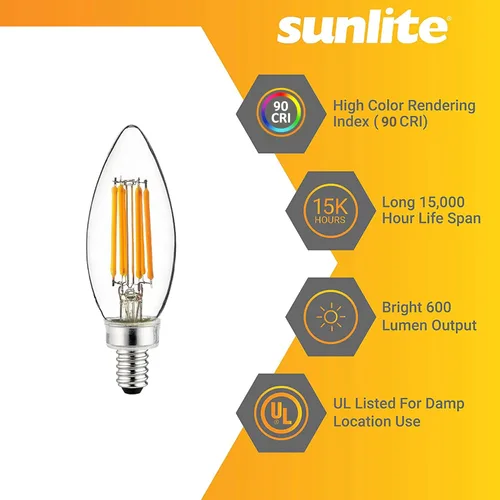 Vista 3 de Sunlite Bombilla LED de filamento B11 con punta torpedo, 5 vatios (equivalente a 60 W), 600 lúmenes, 90CRI, base de candelabro E12, regulable Blanco
