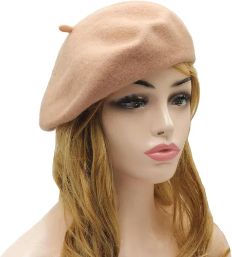 Vista 2 de Wheebo Boina de lana, color sólido, estilo francés, gorro cálido de invierno para mujeres y niñas Albaricoque