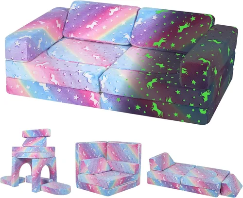 Vista 21 de Sofá modular para niños MeMoreCool – Sofá de dinosaurio de 8 piezas que brilla en la oscuridad para niños pequeños convertible en fuerte constructor