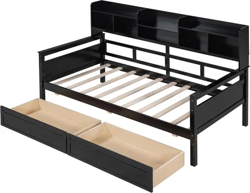 Vista 4 de Sofá cama de tamaño individual con cajones, sofá cama individual de madera con estante de noche, soporte de listones de madera, espresso