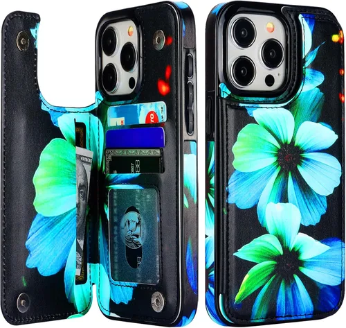 Vista 9 de HAOPINSH Funda tipo cartera para iPhone 15 Pro Max con tarjetero, diseño de leopardo negro y guepardo con tapa trasera, de piel sintética
