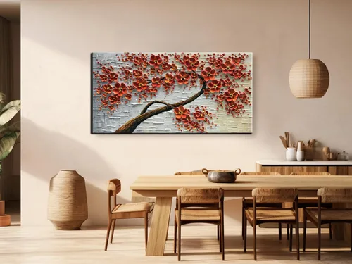 Vista 2 de YaSheng Art - Pintura al óleo pintada a mano sobre lienzo Textura Paleta Cuchillo Pinturas Flores Rojas Pinturas Modernas Decoración del Hogar