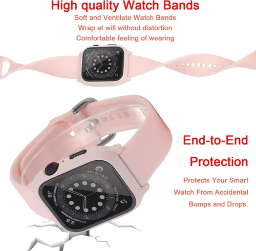 Vista 5 de Correa 3 en 1 para Apple Watch con funda, correas de silicona suave con cubierta dura de policarbonato protector de pantalla integrado de vidrio