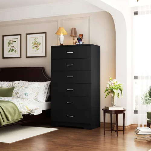 Vista 3 de Cómoda de 48" de alto para dormitorio, cómoda de madera con 6 cajones con tomas de corriente, cómoda con gran espacio de almacenamiento y asas