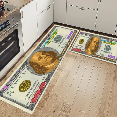 Vista 3 de GUBIYU Juego de 2 alfombras y tapetes de cocina color beige y dorado para billetes de 100 dólares, alfombra divertida y fresca para baño