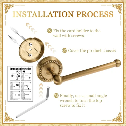 Vista 4 de Juego de 4 Piezas de Accesorios de Baño de Latón Antiguo Dorado Montados en la Pared Toallero y Anillo para Toallas y Portapapel Higiénico y Gancho