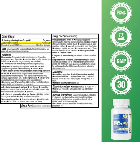 Vista 4 de HealthA2Z® Alivio del Dolor Extra Fuerte PM Acetaminofén 500mg Difenhidramina 25mg Analgésico y Ayuda para Dormir Nocturna (150 Tabletas)