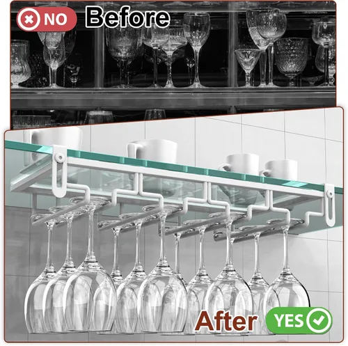 Vista 4 de AUHOKY Estante ajustable para copas de vino debajo del gabinete, soporte de metal para copas de vino de 4 filas, sin perforaciones, organizador