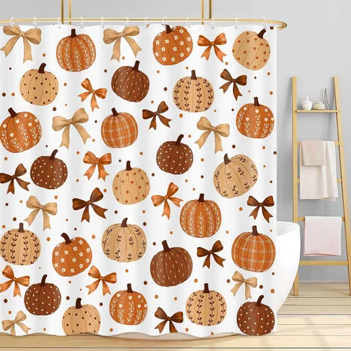 Vista 8 de Boho Fall Pumpkin Bow Shower Curtain for Bathroom, Waterproof Thanksgiving Harvest Autumn Bath Curtain with Hooks, Washable Privacy Curtain for Kids