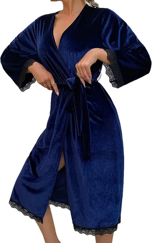 Vista 3 de Bata de terciopelo de encaje para mujer, sexy, cuello en V, bata de baño corta, ropa de dormir para boda nupcial
