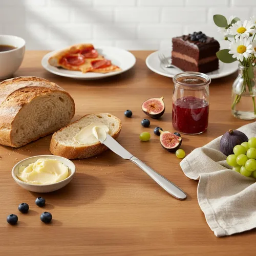 Vista 6 de Juego de 4 cuchillos de mantequilla, cuchillo de paté esparcidor de queso, mango grueso y suave, material de seguridad alimentaria, acero inoxidable