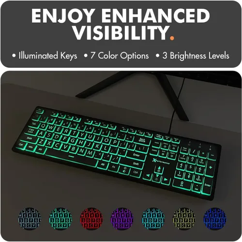 Vista 5 de Teclado retroiluminado de impresión grande X9 Teclado de computadora con iluminación con cable para computadora de escritorio y portátil - Fácil
