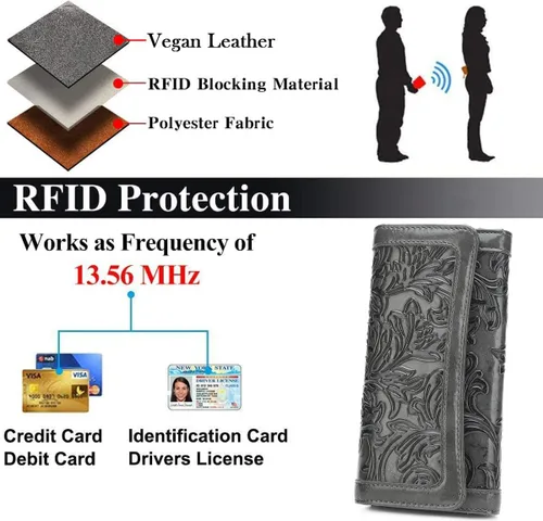 Vista 15 de MEITRUE Cartera de cuero para mujer, con bloqueo RFID, triple pliegue, con relieve, soporte para tarjetas, organizador de chequera para teléfono