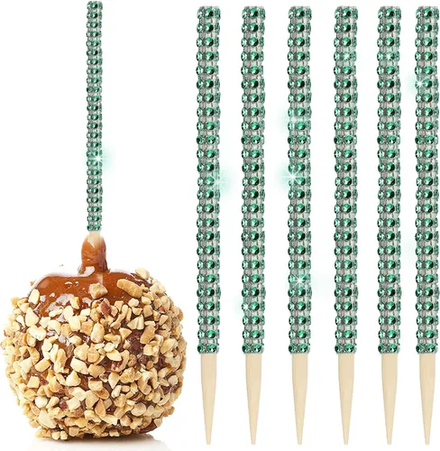 Vista 19 de 32 PIEZAS de Palitos de Manzana de Caramelo Brillantes de Bambú, Brochetas de Punta de Madera con Envoltura de Malla de Diamantes y Pedrería Negro