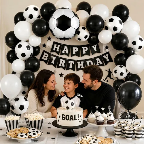 Vista 3 de Globos de fútbol, globos de látex blanco y negro de 12 pulgadas con balón de fútbol de 22 pulgadas, globo de aluminio 4D para niños, decoración