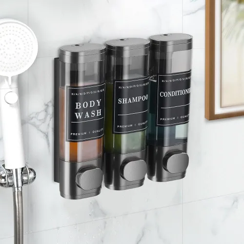 Vista 3 de Shampoo and Conditioner Dispenser 3 Chamber Shower Dispenser No Drill Gray