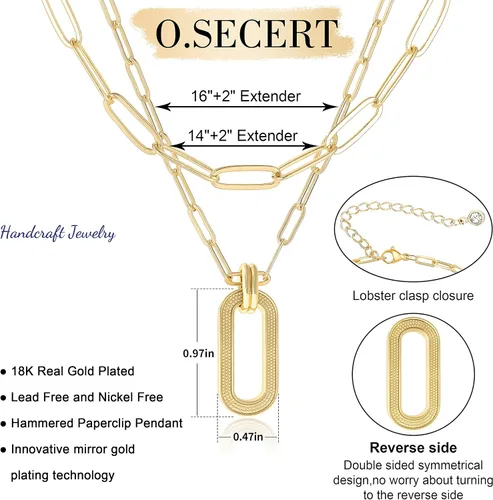 Vista 3 de Collar de cadena de capas con clip delicado chapado en oro de 18 quilates gargantilla en capas para mujer collar simple ajustable con clip de papel