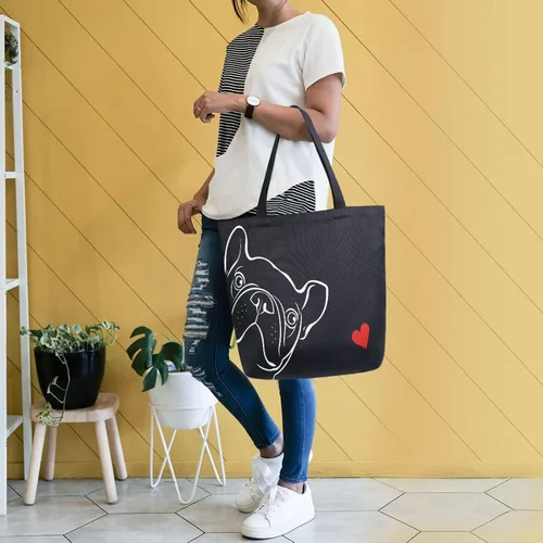 Vista 2 de ALAZA - Linda bolsa de lona grande con diseño de bulldog pug negro francés, reutilizable, para compras, con asas, resistente, lavable Multi 13