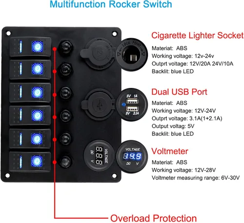 Vista 4 de Panel de interruptores marinos de 6 posiciones, panel de interruptor basculante de encendido y apagado de 12 V, voltímetro, cargador USB doble