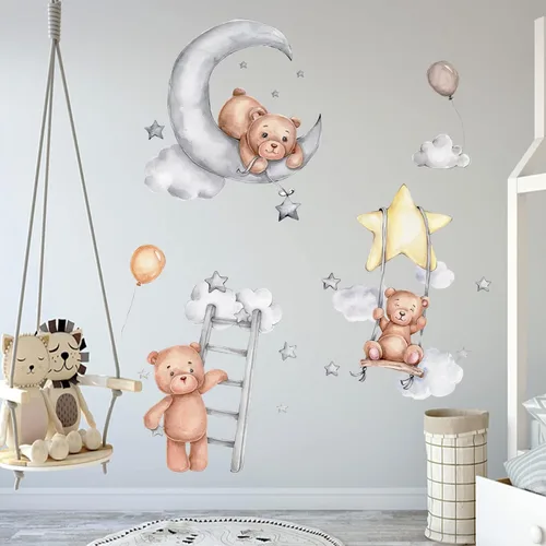 Vista 4 de Calcomanías de pared con diseño de oso de dibujos animados, diseño de oso de luna para dormir, despegar y pegar, papel tapiz mural extraíble