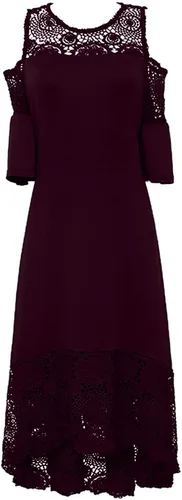 Vista 5 de Vestido largo de verano para mujer, con hombros descubiertos, con costuras de encaje, volantes, manga corta, talla grande, vestido largo