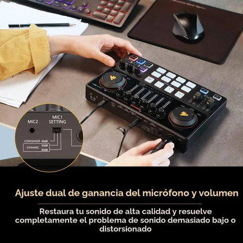 Vista 3 de MAONO Mezclador de interfaz de audio AME2, consola de estudio de podcast