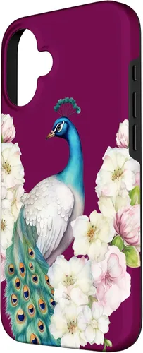 Vista 2 de iPhone 16 Peacock Bird with Long Feathers Watercolor Flowers Case