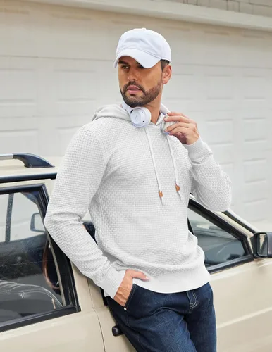 Vista 50 de COOFANDY Sudadera con capucha para hombre, casual, de manga larga, con cordón, de punto gofre, ajustada