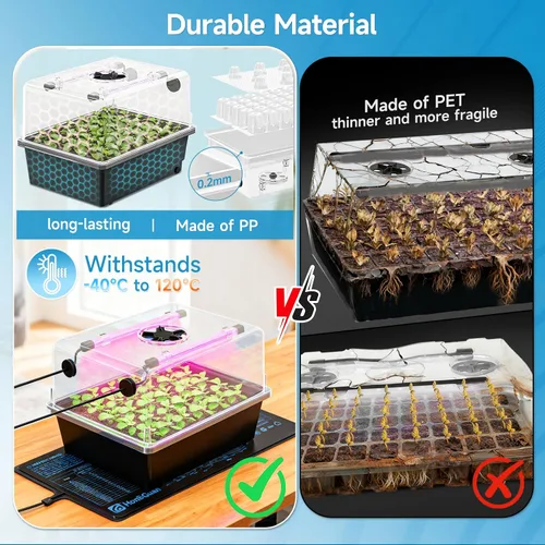 Vista 5 de Hon&Guan - Kit de inicio de semillas de 30 celdas con alfombrilla térmica y luces LED de cultivo 30-cell PP seedling tray, 5.3" dome with vents