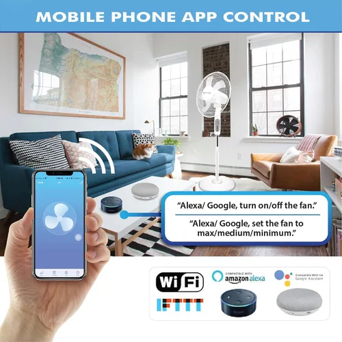 Vista 6 de Technical Pro Ventilador de pedestal oscilante inteligente, 3 velocidades portátil de 16 pulgadas, ventilador de pie habilitado para WIFI, altura