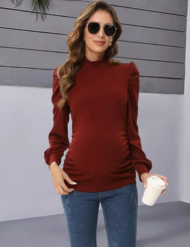 Vista 2 de Camiseta de maternidad de punto acanalado para mujer, casual, cuello alto, manga larga, fruncida, túnica para mujeres embarazadas